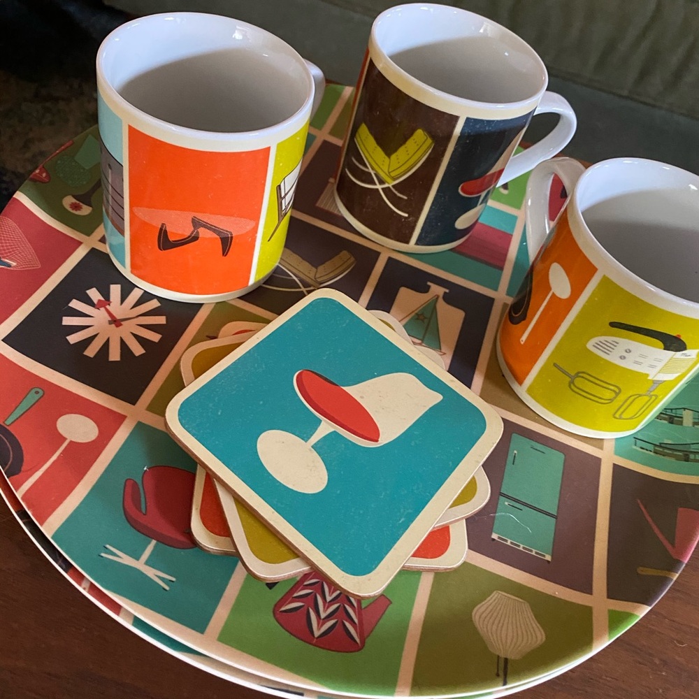 MCM furniture coffee mugs, coasters, and plates